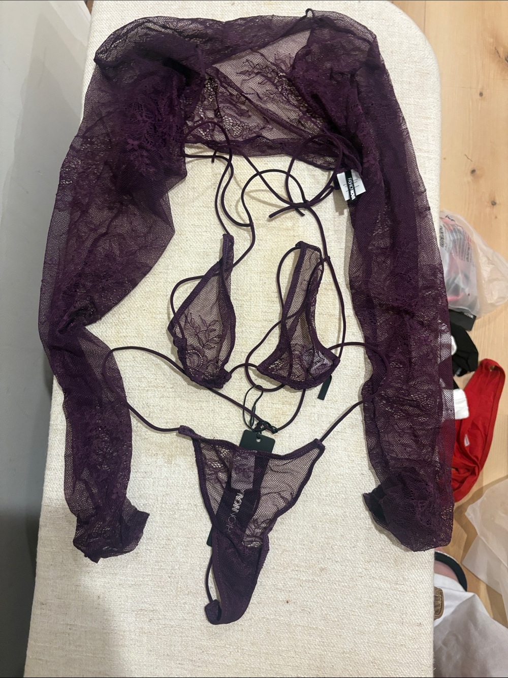 Fashion Nova Sheer Lace Bralette & Thong Set in Plum